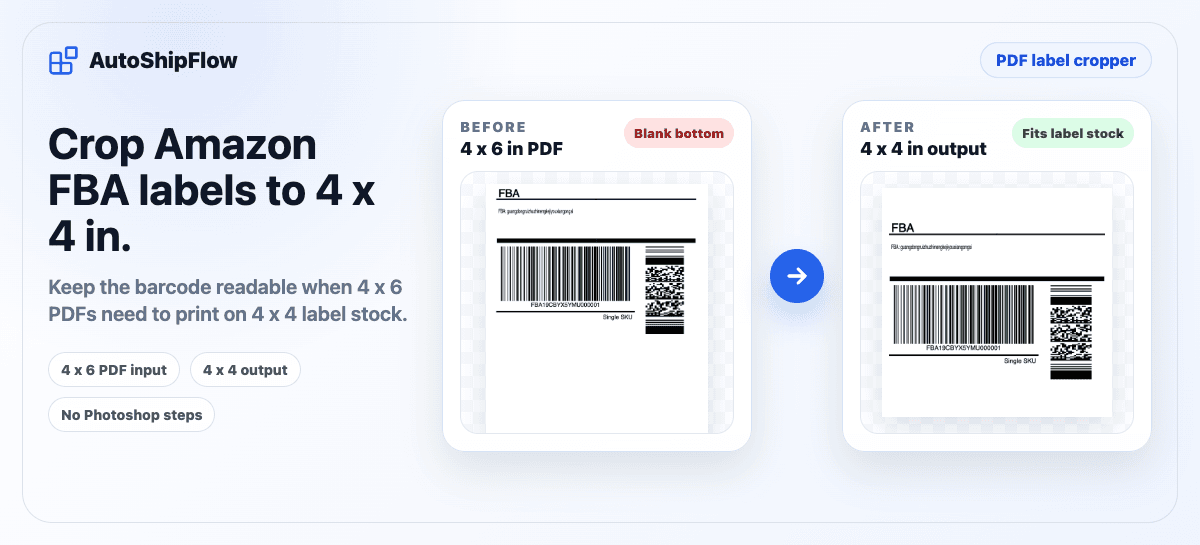 Crop Amazon FBA carton labels from 4x6 to 4x4